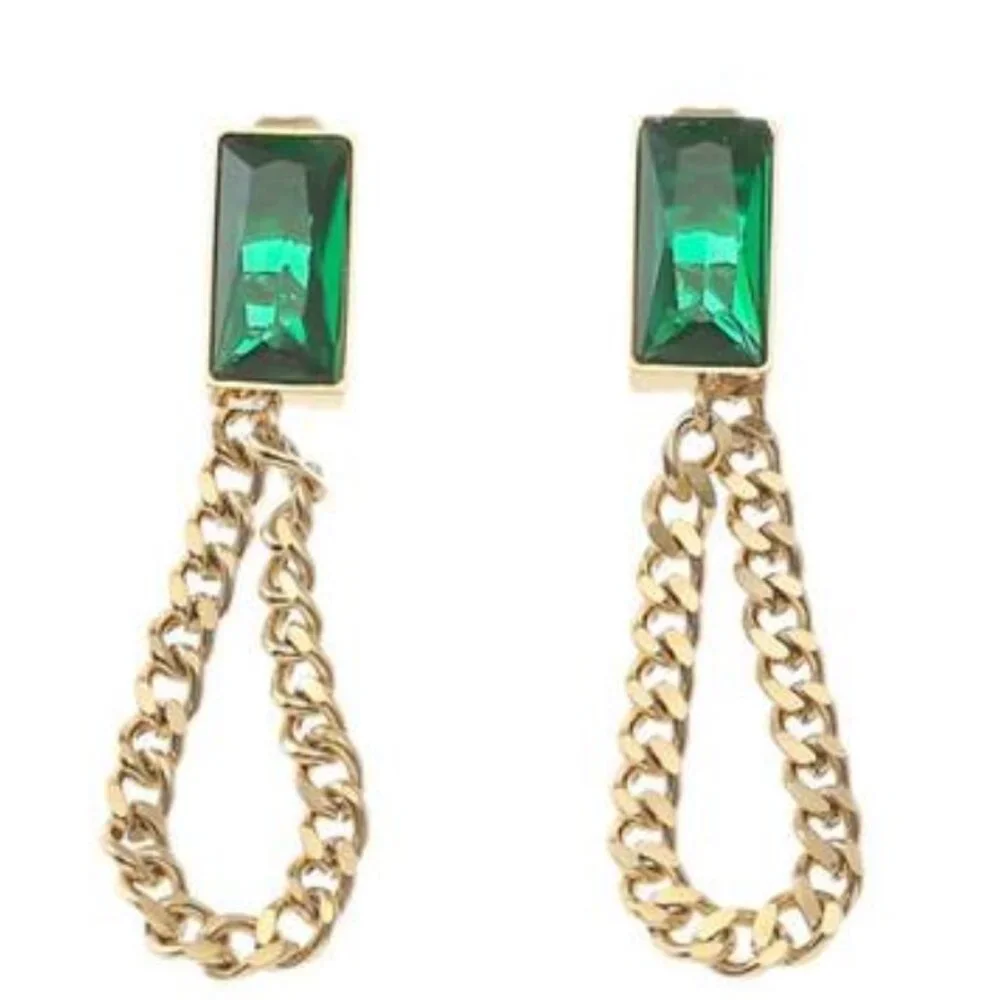 Emerald Green Stone Gold-Toned Chain Dangle Earrings - Picture 5 of 5